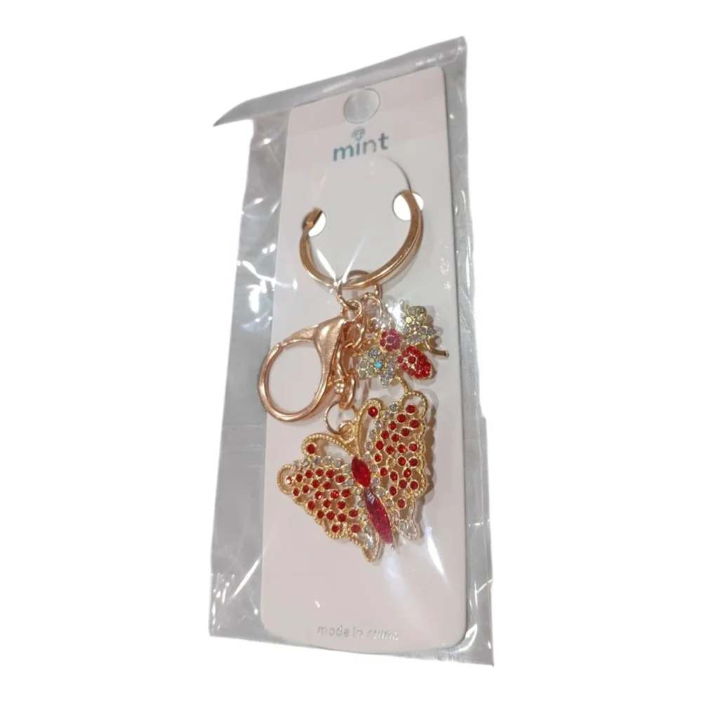 Beautiful Ruby Rhinestone Butterfly Bumblebee Gold Tone Keychain Purse Charm